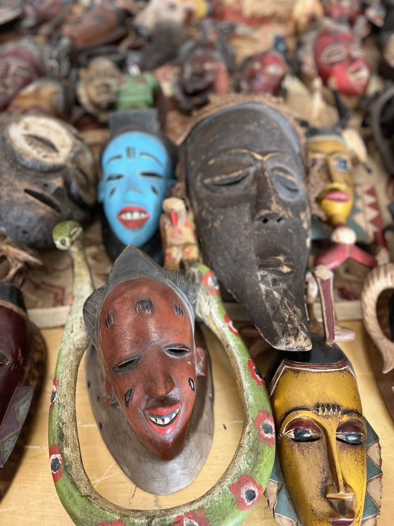 a table of stylized masks